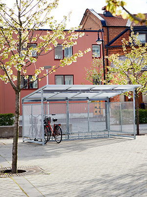 The Nova bicyckle shelter in an urban environment.